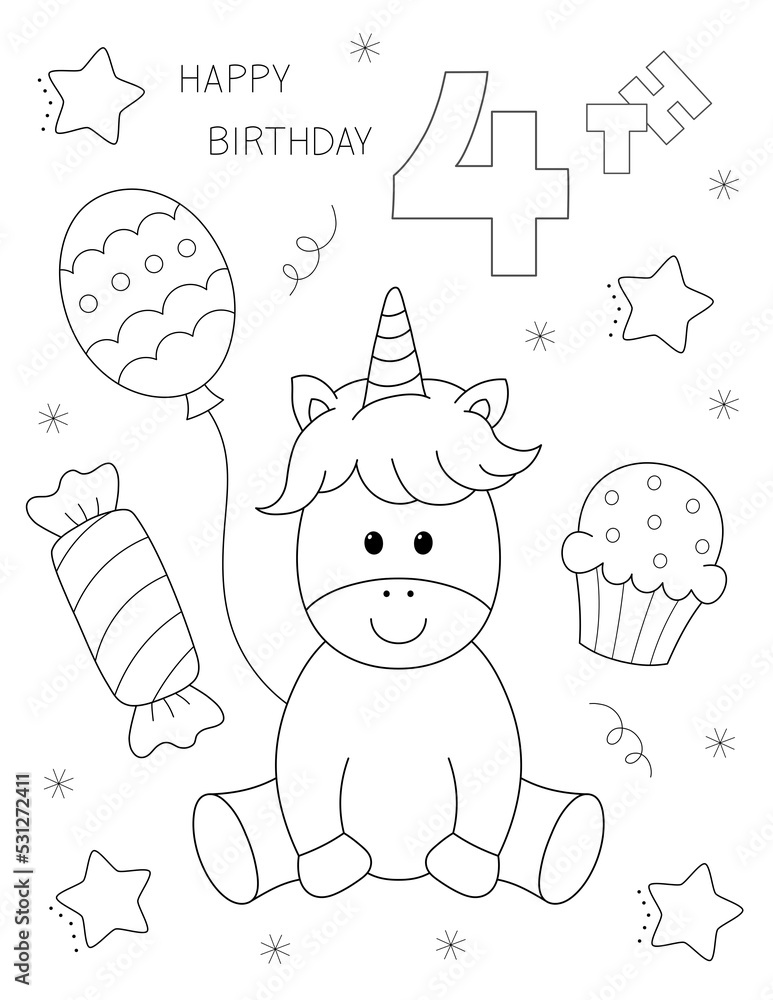 Happy 4th birthday coloring page cute unicorn and more fun shapes to