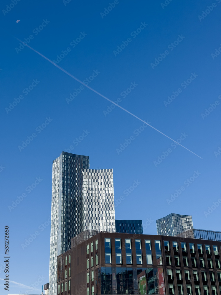 Manchester City Centre Modern skyscrapers with a blue sky background Building Work Deansgate Square Manchester City Centre Modern skyscrapers with a blue sky background Building Work Deansgate Square