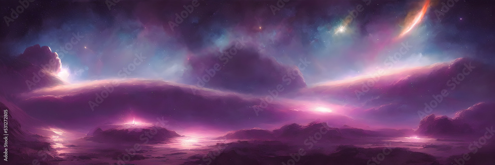 Space background with stardust and shining stars. Fantasy colorful cosmos. Alien planets. Banner size Space background with stardust and shining stars. Fantasy colorful cosmos. Alien planets. Banner size