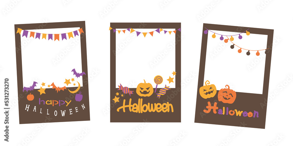 Set of Halloween decoration photo frame. Happy Halloween design photo frame collection. colorful Pumpkin, flag, bat, candies and garland decoration frames.
