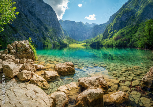 Bavarian Lake view at the Berchtesgaden Obersee which is embedded in pure green nature  photo