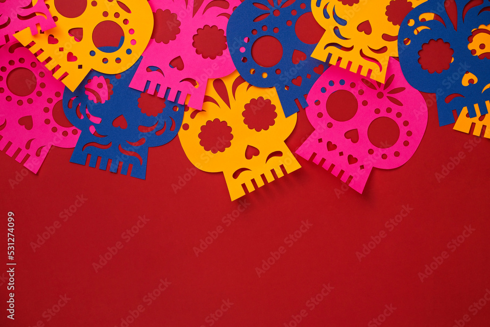 mexico day of the dead paper decorations, background with paper flags