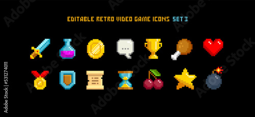 8-bt game pixel objects set. Retro game loot icons in 8 bit style.  Pixel graphic prize signs and symbols. Pixel heart, tropy cup, bomb, cherry, coin, star, food, scroll, medal, etc. Editable vector.