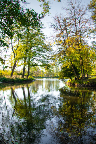 Zwierzyniec, Roztocze, Poland. Autumn season. Colors of autumn and ducks swimming on the pond. Colorful trees