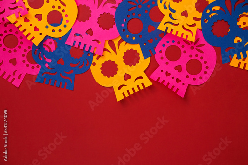 mexico day of the dead paper decorations, background with paper flags, skulls