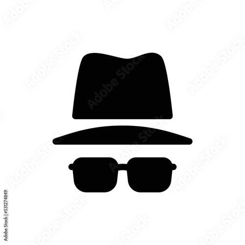 Private incognito browser icon with hat and glasses in black solid style