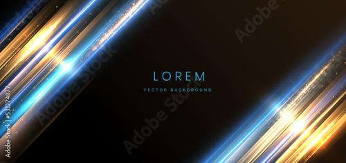 Abstract luxury golden and blue glitter effect glowing on black background with lighting effect sparkle.