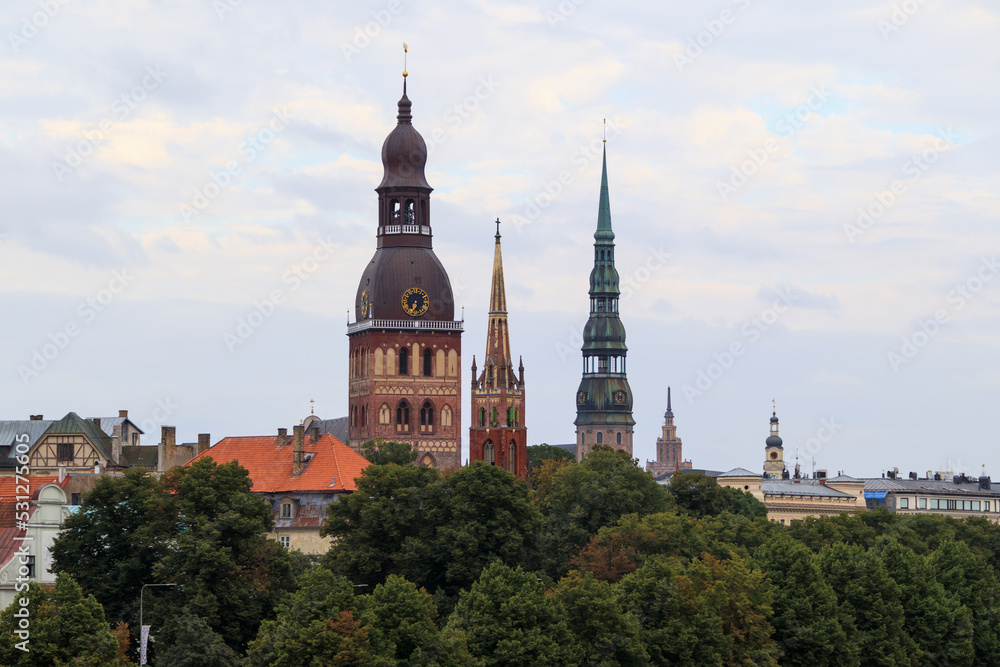 View of Old Riga with 3 church towers. Dom, Anglican and St. Peter's Church can be seen