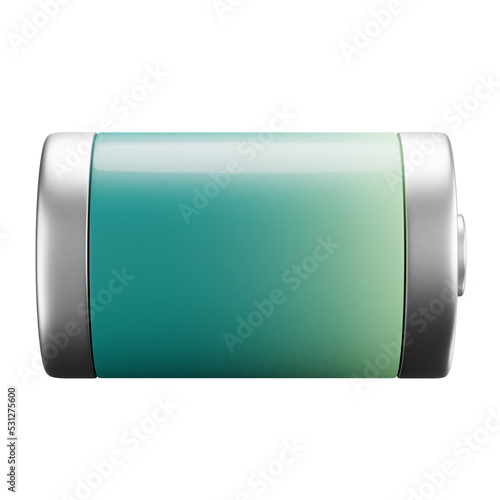 3D cartoon user interface illustration of a battery or charging icon on an isolated background. With studio lighting and a gradient colourful texture. 3D rendering