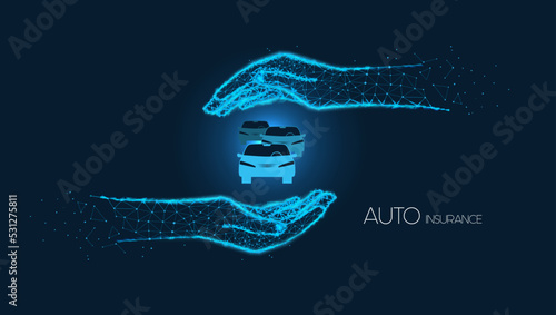 Car in the palm of your hand from triangles and luminous points on dark blue background. Concept auto insurance. Polygonal illustration.