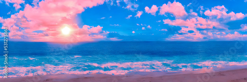 Fantasy Island. Palm trees, Sunset sea landscape. Colorful ocean beach sunrise © Roman Studio