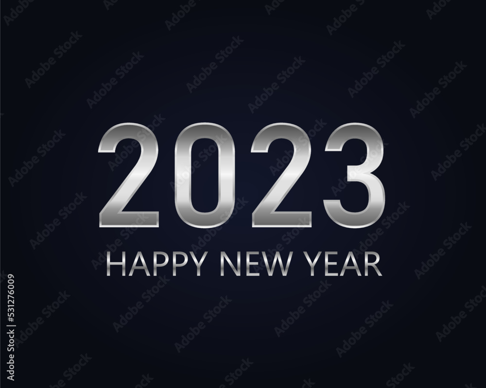 Happy New Year 2023 Elegant silver text on dark blue background. Happy New Year 2023 Elegant silver text on dark blue background.