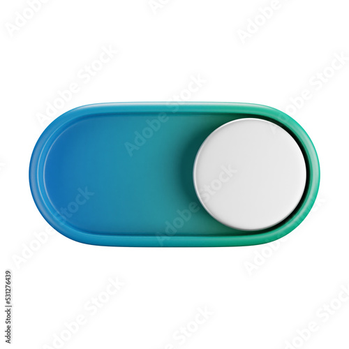 3D cartoon user interface illustration of a toggle or on or switch icon on an isolated background. With studio lighting and a gradient colourful texture. 3D rendering