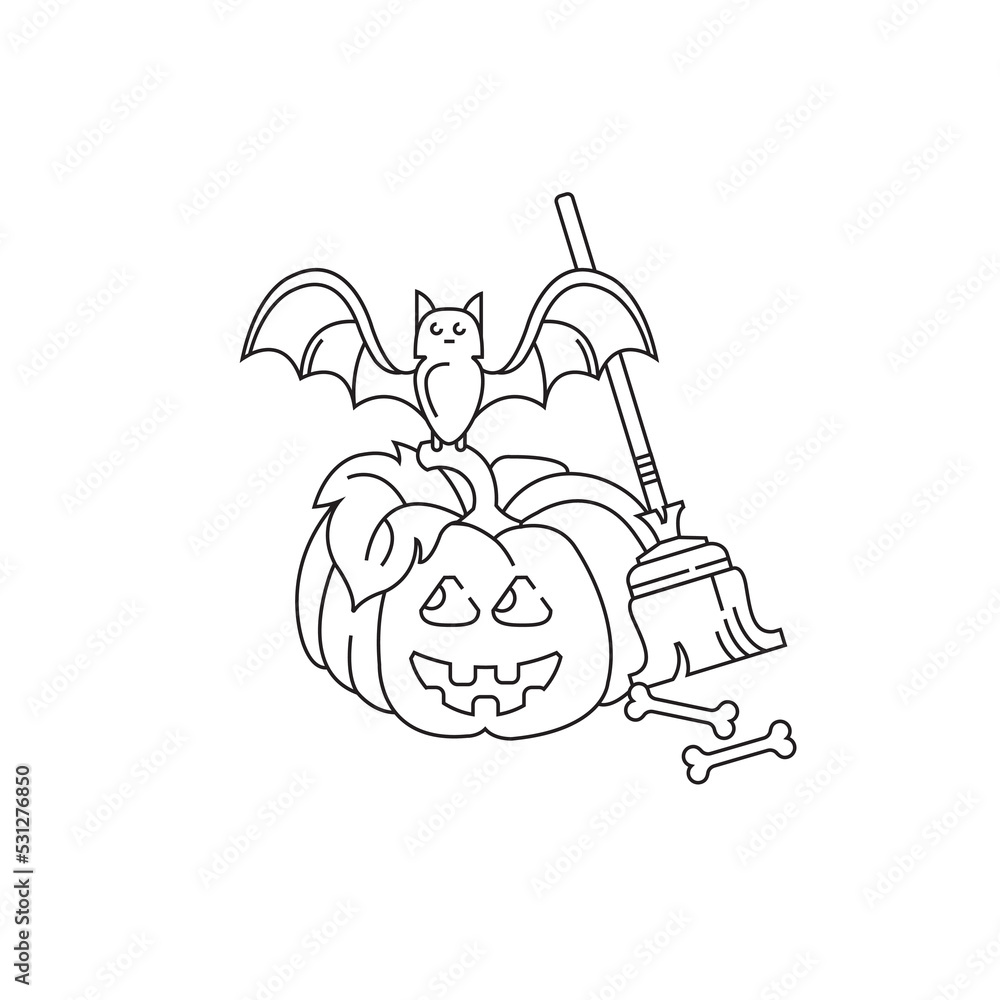 Happy Halloween vector illustration. Line icon. Pumpkin, bat and broom.
Happy Halloween vector illustration. Line icon. Pumpkin, bat and broom.