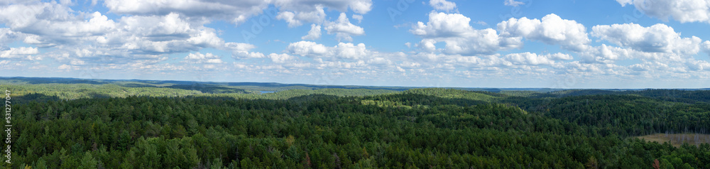 A panoramic view of the small town of Temagami, Ontario, and the surrounding area taken from atop the town's fire tower in the White Bear Forest.