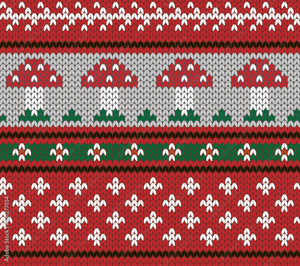 Red knitted seamless pattern with Sinek Agaric. Vector illustration. Red knitted seamless pattern with Sinek Agaric. Vector illustration.