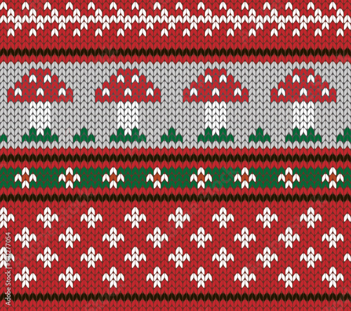 Red knitted seamless pattern with Sinek Agaric. Vector illustration.