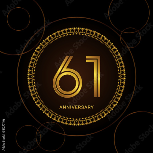 61th Anniversary Celebration with golden text and ring  Golden anniversary vector template
