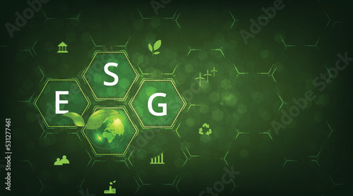 World sustainable environment concept.Green earth for Environmental Social and Governance(ESG). Solving environmental, social and management problems with figure icons.