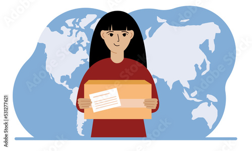 Female courier in uniform holding a box. The concept of delivering parcels around the world.