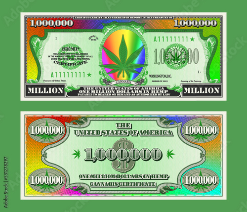 Vector fictional obverse and reverse of a 1 000 000 dollars hemp certificate. Vintage US paper money - one million with a multicolored rainbow frame. A large green cannabis leaf in an oval