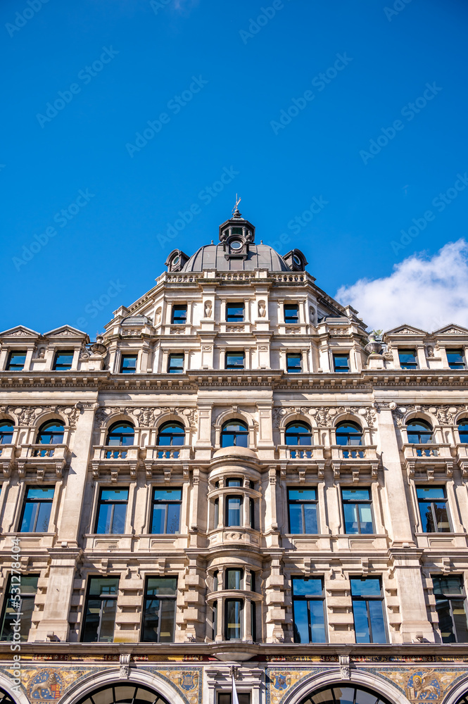 Traditional architecture of buildings in London, the UK's grand capital.