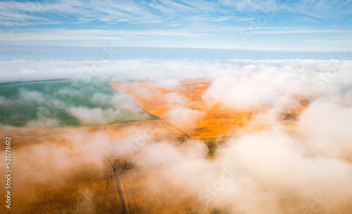 Gorgeous scene of cultivated land in the fog from a bird's eye view. © Leonid Tit