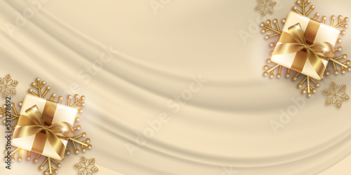 Realistic background with 3d gold round bow ribbon