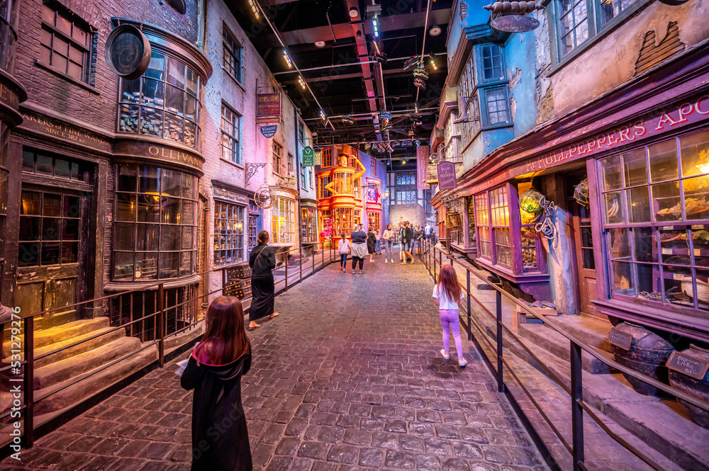 Fototapeta premium Leavesden, UK - August 23, 2022: Exhibits inside the Making of Harry Potter tour at Warner Bros studio.