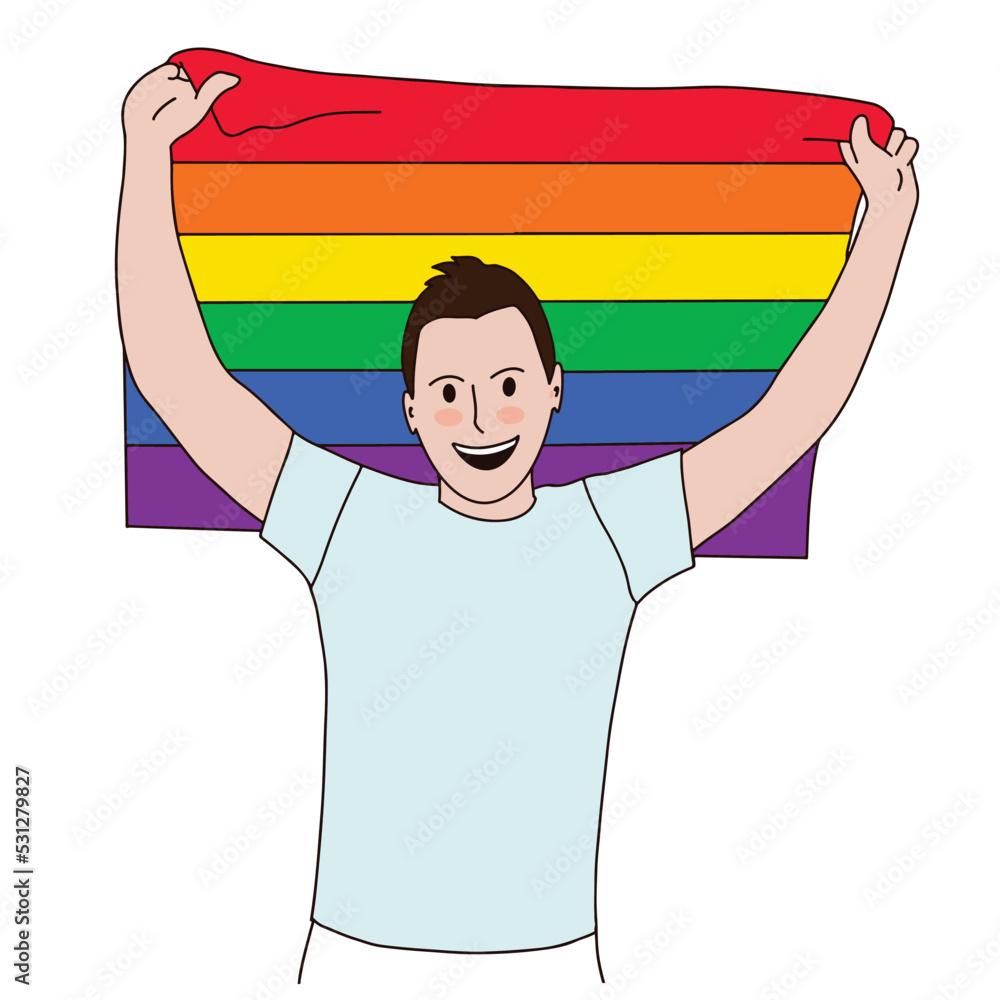 Happy young man with raised hands holding LGBTQ Pride rainbow flag ...