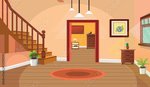 Room inside interior, Cartoon living room, House with furniture, stairs, Teenage luxury room, Kid or child home.