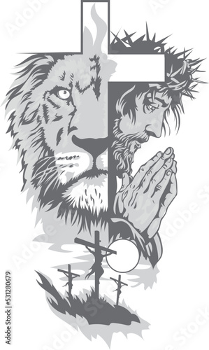 Vector illustration of a tattoo of a lion, a crucifix and a portrait of a savior