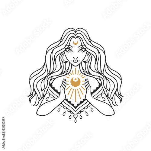 Witch girl with moon, portrait for celebration design. Vector illustration