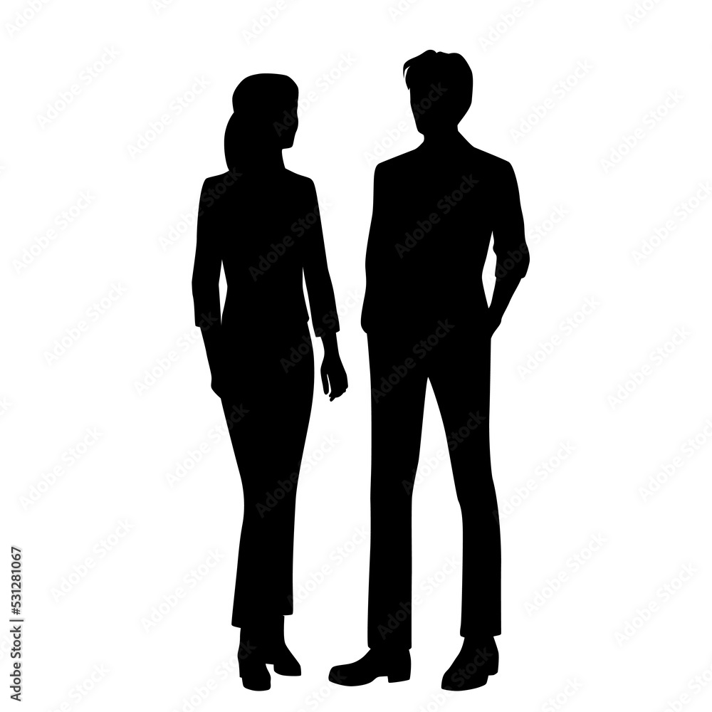 Vector silhouettes of man and a woman, a couple of standing business ...