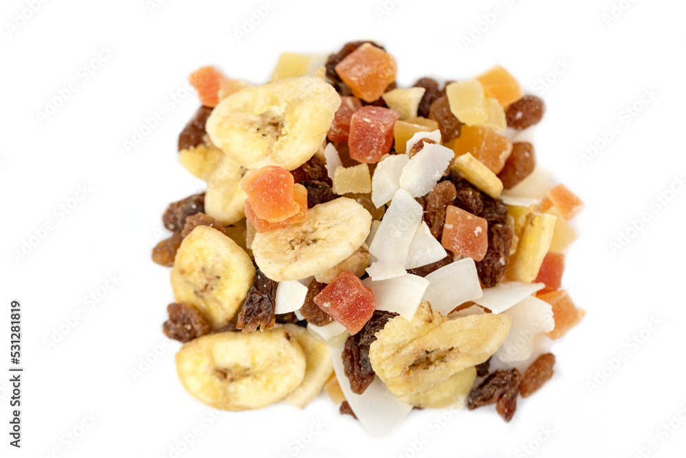 dried mix tropical fruits (raisin, banana, coconut, papaya, pineapple) dried mix tropical fruits (raisin, banana, coconut, papaya, pineapple)