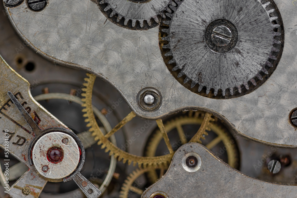 Vintage pocket watch inside detail of mechanism