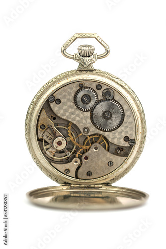 Vintage pocket watch inside detail of mechanism