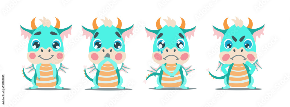 Obraz premium Set of emotions of a cute baby green dragon. Joy, surprise, sadness and anger. Vector illustration for designs, prints, greeting card and patterns. Cute fantastic symbol baby dragon of 2024