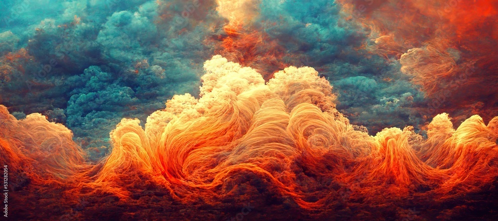 Surreal cloudscape of intense bright sunlight glow, dramatic fiery red flame clouds and late afternoon golden hour rainbow fusion of colors. Reminiscent of summer pacific ocean hot sunsets.