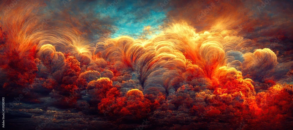 Surreal cloudscape of intense bright sunlight glow, dramatic fiery red flame clouds and late afternoon golden hour rainbow fusion of colors. Reminiscent of summer pacific ocean hot sunsets.