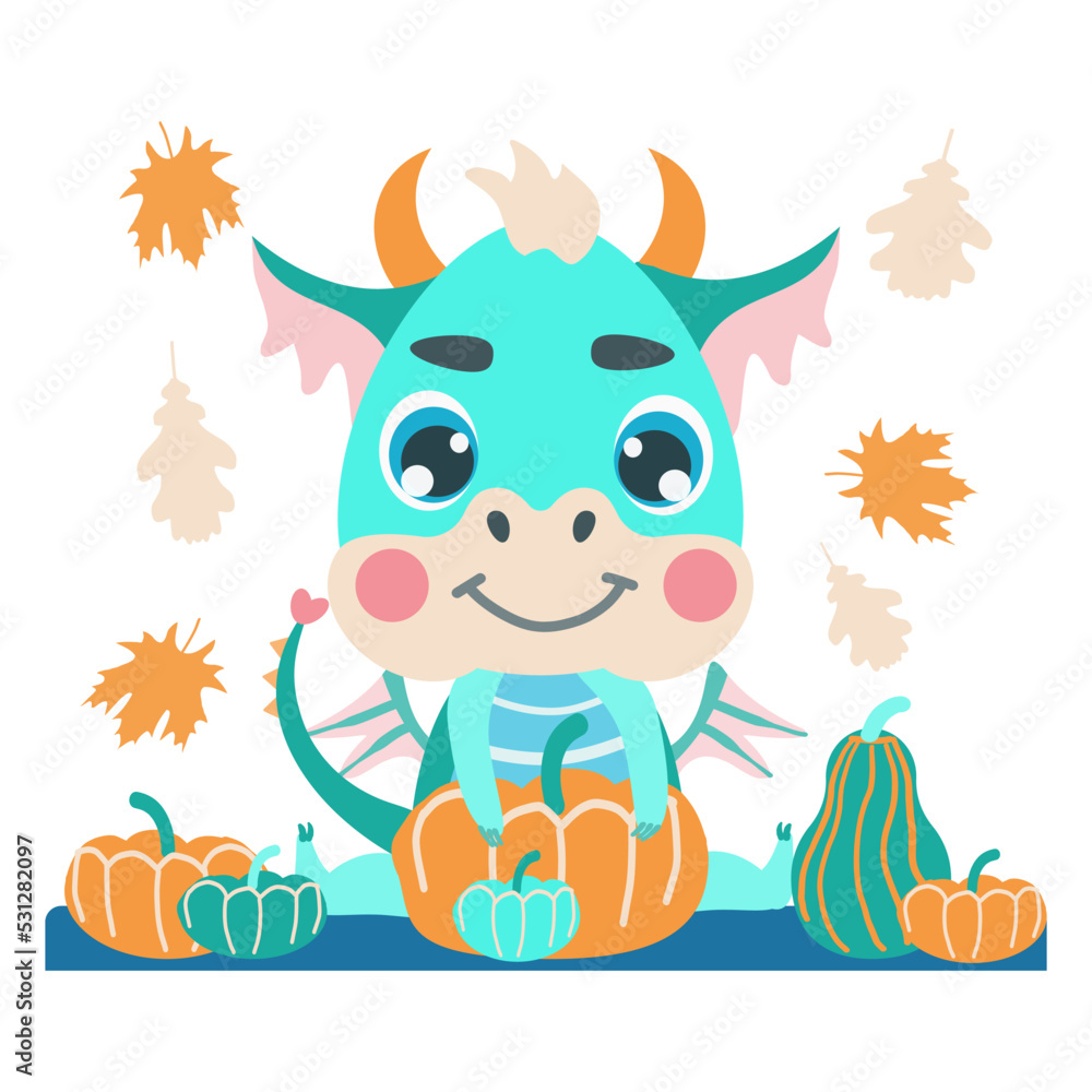 Fototapeta premium green cute baby dragon is playing with a pumpkin on Halloween. Vector illustrations in a flat cartoon style for designs, prints, greeting cards and patterns. Cute fantastic character baby dragon 2024