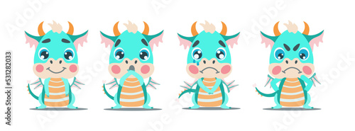 Set of emotions of a cute baby green dragon. Joy, surprise, sadness and anger. Vector illustration for designs, prints, greeting card and patterns. Cute fantastic symbol baby dragon of 2024