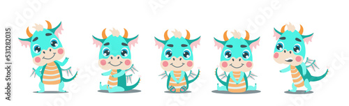  set of poses of a fabulous green dragon. The dragon goes, stands and sits. Vector illustration for designs, prints, greeting cards and patterns. Cute fantastic symbol baby dragon 2024