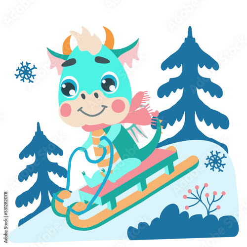 green dragon cub rides a sled down a hill. Vector illustrations for designs, prints, greeting cards and patterns. Cute fantastic character baby dragon 2024