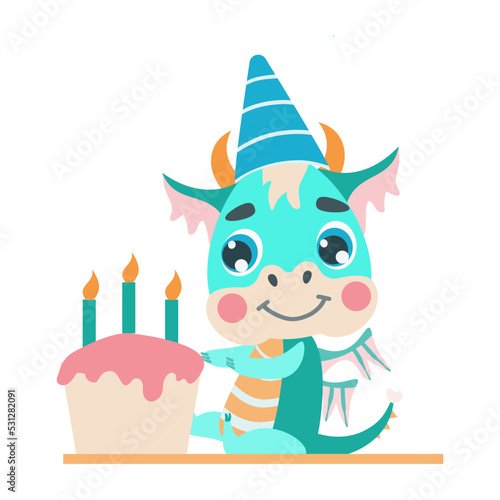 fabulous green dragon celebrates a birthday.  With a cap on his head and near the cake. Vector illustration for designs  prints  greeting card and patterns. Cute  fantastic symbol  baby dragon of 2024