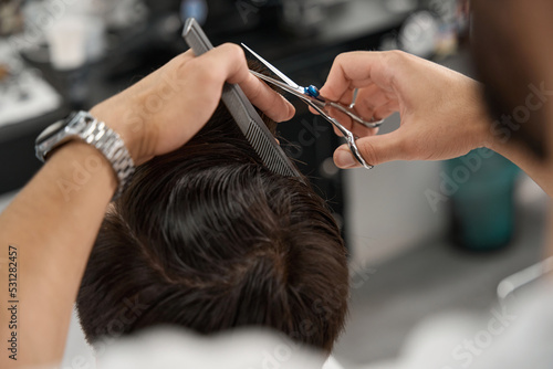 Skillful hairstyle specialist trimming hair of salon guest