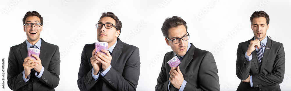 Collage of businessman holding cash money with different emotions isolated on white background. The way how man gets money concept Collage of businessman holding cash money with different emotions isolated on white background. The way how man gets money concept