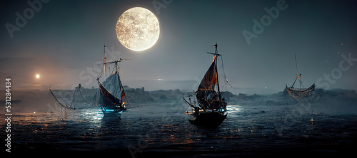 Slika na platnu Spectacular digital art 3D illustration of a nighttime scene with a medieval fantasy sailboat, schooner sailing along the coast with docks and lighthouses, and a bright moon in the sky