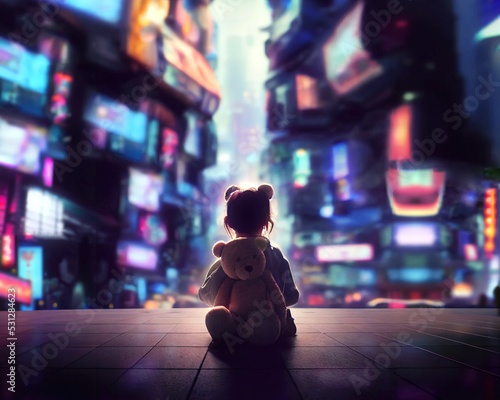 Child and teddy bear sitting in front of a cyberpunk city