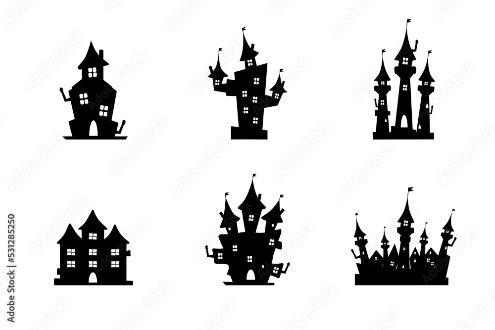 A set of gloomy black castles and houses of different shapes, with different shapes of towers, floors, halloween outbuildings on a white background. House Illustrations template. Ghosted castle A set of gloomy black castles and houses of different shapes, with different shapes of towers, floors, halloween outbuildings on a white background. House Illustrations template. Ghosted castle